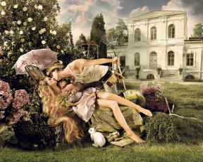 обоя разное, мужчина женщина, кролик, цветы, зонтик, усадьба, садовник, девушка