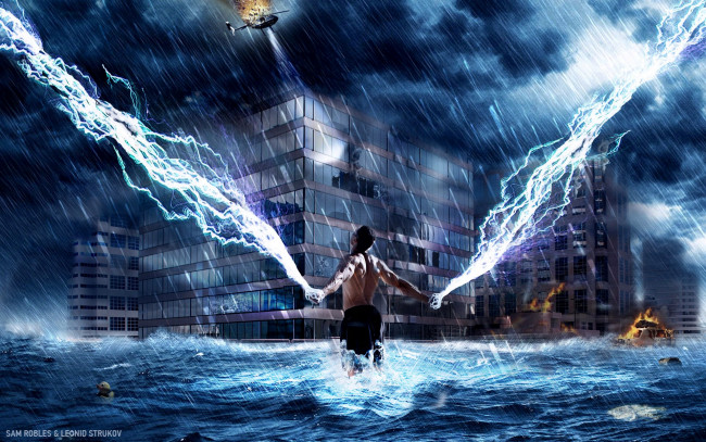 Обои картинки фото lightening, man, разное, компьютерный, дизайн, здания, молнии, человек, вода
