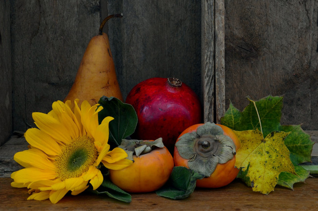 Обои картинки фото еда, фрукты,  ягоды, цветок, подсолнух, листья, хурма, груша