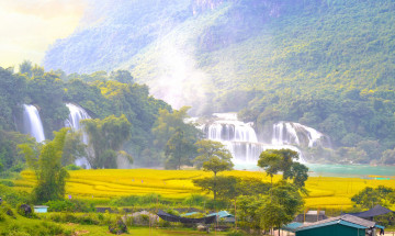 Картинка природа водопады панорама водопад деревья красота водоем горы