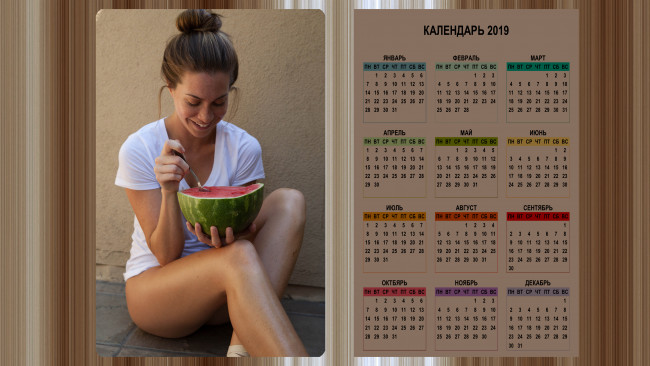 Обои картинки фото календари, девушки, арбуз