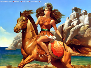 Картинка календари фэнтези водоем лошадь девушка воительница calendar конь женщина 2019
