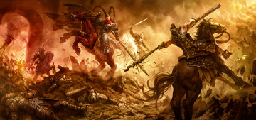 Картинка фэнтези люди мужчины рыцари конь битва