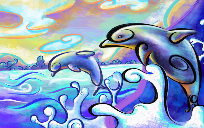 Обои картинки фото рисованные, животные, дельфины