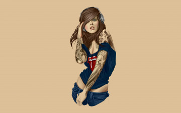 Картинка рисованные люди наушники татуировки девушка