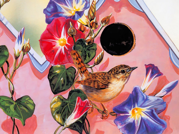 Обои картинки фото рисованные, janene, grende, цветы, певчая, птичка