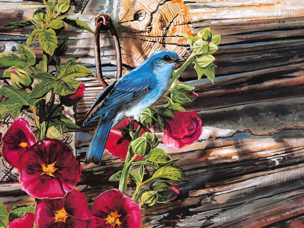 Обои картинки фото рисованные, janene, grende, лазурная, птица, среди, цветов