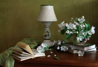 Картинка цветы цветущие деревья кустарники лампа книга яблоня