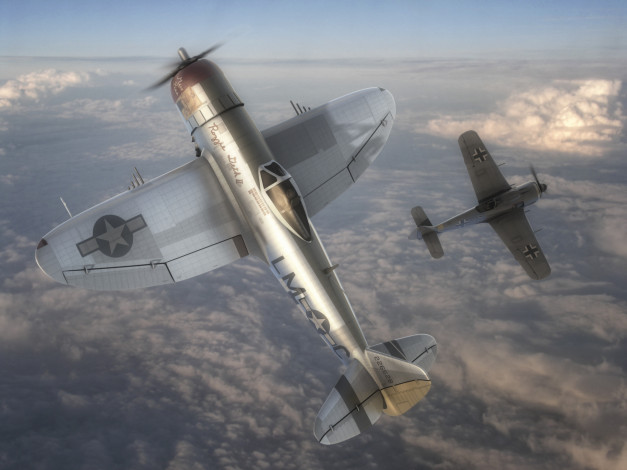 Обои картинки фото авиация, 3д, рисованые, graphic, небо, самолеты, p-47, vs, истребители, полет, focke-wulf, fw, 190