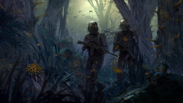 Картинка фэнтези люди оружие лес мир иной скафандры солдаты