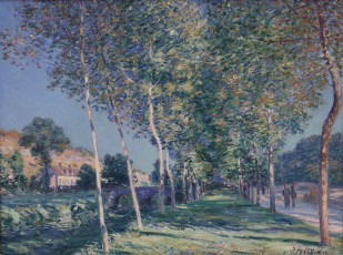 Картинка alley+of+poplars+in+the+outskirts+of+moret+sur+loing рисованное alfred+sisley деревья аллея дом люди дорога