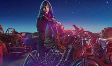 Картинка рисованное люди ночь мотоцикл фон взгляд девушка