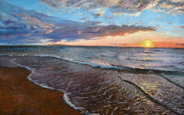 Картинка рисованное живопись картина холст берег морской бриз луценко пена море вода солнце небо облака закат