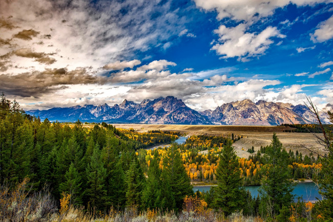 Обои картинки фото природа, горы, деревья, гранд-титон, сша, облака, равнина, река, лес, grand, teton, national, park, вайоминг, осень