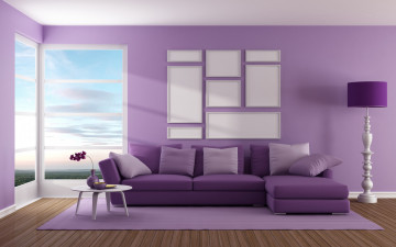 обоя 3д графика, реализм , realism, purple, гостиная, окно, интерьер, диван, дизайн