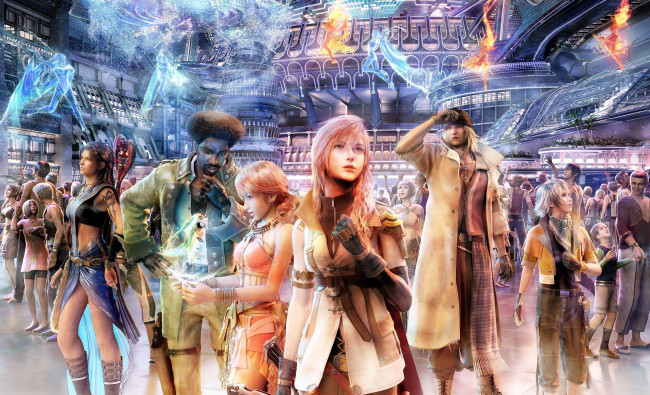 Обои картинки фото видео игры, final fantasy xiii, персонажи, город, люди