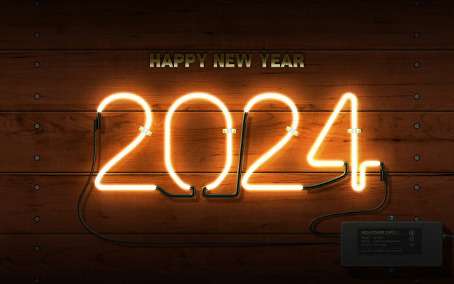 Обои картинки фото праздничные, - разное , новый год, новый, 2024, год, неоновая, вывеска, неон, блок, питания, огни, простой, фон, праздник
