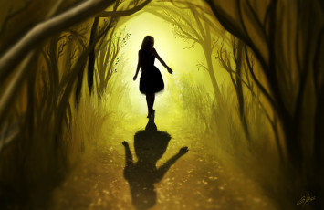 Картинка рисованные люди листья деревья лес волосы дорога тень спина девушка