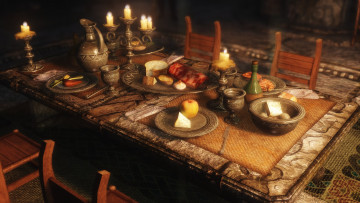 Картинка 3д графика realism реализм тарелки свечи стол еда
