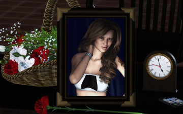 Картинка 3д графика portraits портрет корзина цветы часы фотка девушка