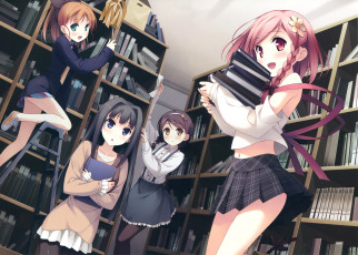 обоя аниме, kantoku , artbook, взгляд, девушки, книги, фон