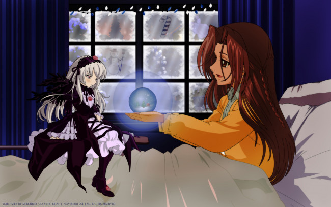 Обои картинки фото аниме, rozen maiden, suigintou, rozen, maiden, ночь, зима, окно, снеговик, девушки