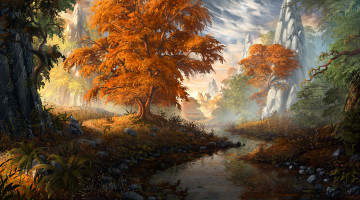 Картинка рисованное природа лес река