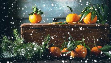 обоя еда, цитрусы, снег, листья, мандарины, ёлка