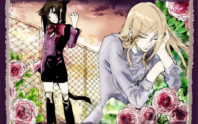 Обои картинки фото аниме, loveless, ограда, цветы, ритска, соби