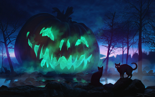 Обои картинки фото праздничные, хэллоуин, коты, ночь, праздник, тыква, halloween