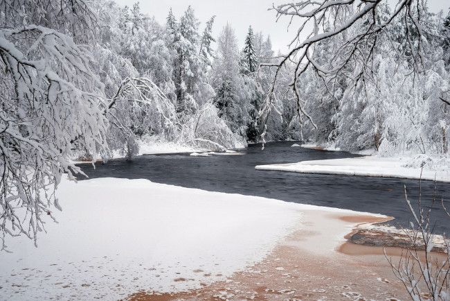 Обои картинки фото природа, лес, снег, река