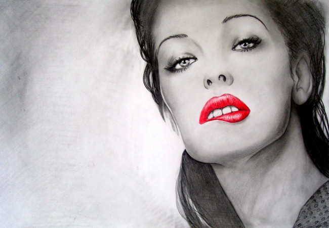 Обои картинки фото milla jovovich, рисованное, люди, губы, взгляд, фон, девушка