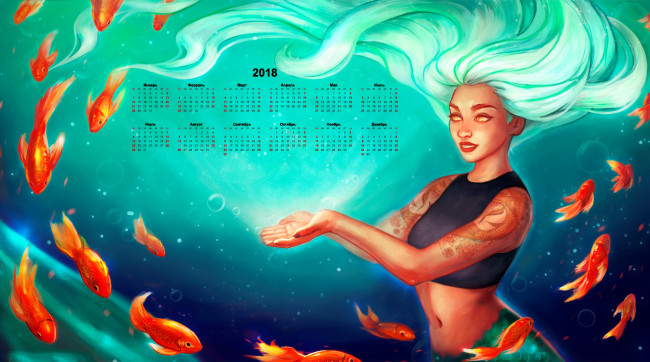 Обои картинки фото календари, рисованные,  векторная графика, рыба, тату, 2018, девушка