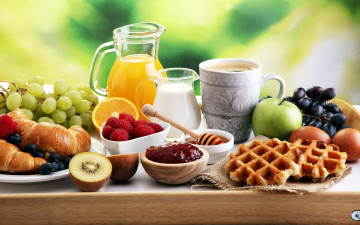 Картинка еда разное сок джем ягоды киви молоко завтрак