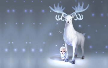 Картинка праздничные -+разное+ новый+год фэнтези олень детская снег зима арт ji chang chol deer with baby