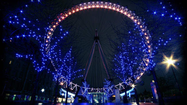 Обои картинки фото города, лондон , великобритания, колесо, обозрения, аттракцион, огни