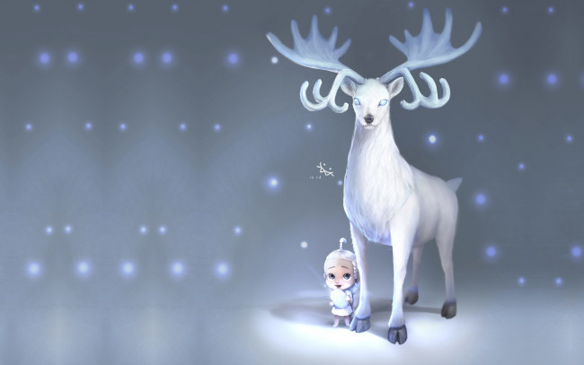 Обои картинки фото праздничные, - разное , новый год, фэнтези, олень, детская, снег, зима, арт, ji, chang, chol, deer, with, baby