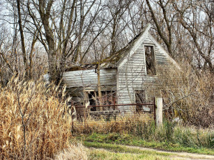 Картинка разное развалины руины металлолом дом забор деревья