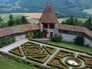 Картинка швейцария замок грюйе города дворцы замки крепости фонтан клумбы стены