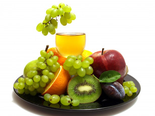 Картинка еда фрукты ягоды киви виноград апельсины сливы яблоко вино