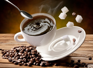Картинка еда кофе кофейные зёрна чашка блюдце сахар