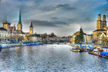 Картинка цюрих швейцария города вода здания мост