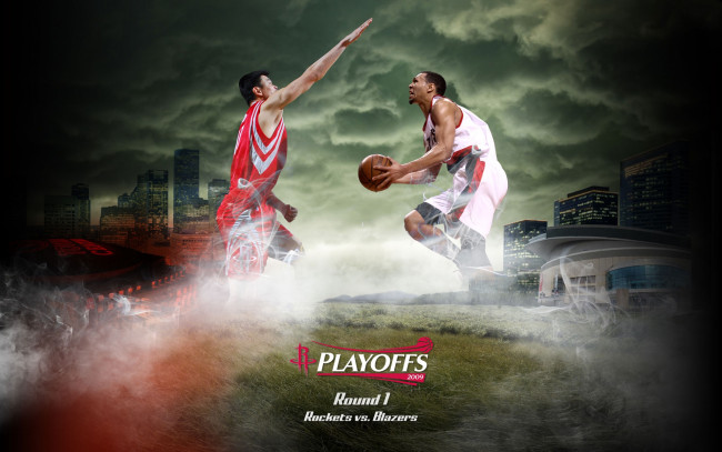 Обои картинки фото rockets, vs, blazers, 2009, playoffs, спорт, nba, баскетбол, матч, нба, чемпионат