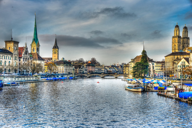 Обои картинки фото цюрих, швейцария, города, вода, здания, мост