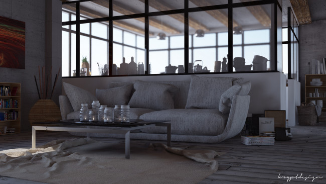 Обои картинки фото 3д графика, realism , реализм, стол, подушки, комната, диван