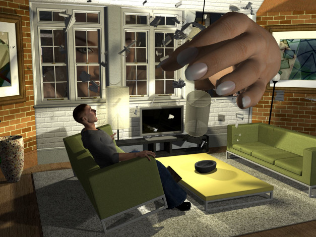 Обои картинки фото 3д графика, фантазия , fantasy, рука, стол, комната, мужчина