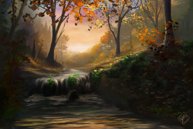 Обои картинки фото рисованное, природа, деревья, водопад, осень, река, поток, лес, листья