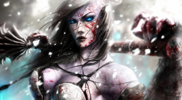 Картинка фэнтези девушки зима снег ветер death knight кровь взгляд лицо воин девушка
