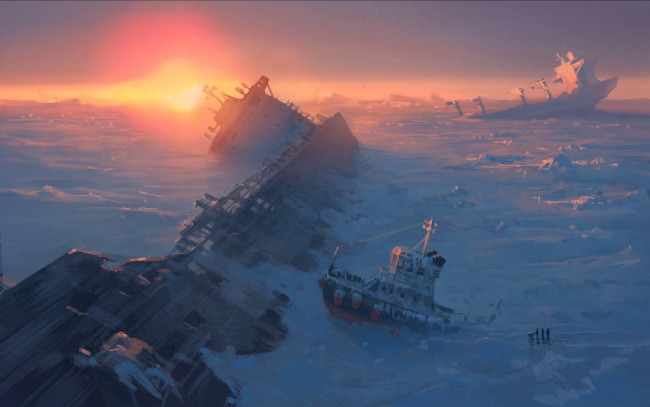 Обои картинки фото фэнтези, романтика апокалипсиса, океан, фантастика, apocalypse, alexiuss, art, frozen, корабль, лед, снег, море