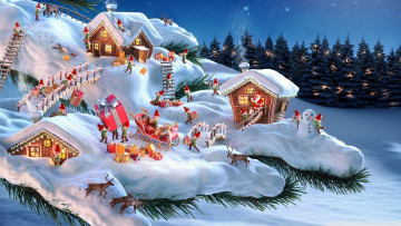 Картинка праздничные векторная+графика+ новый+год ель снег домики гномы
